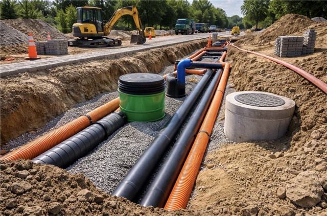 Tranchée avec gaines de réseaux divers, chantier Bompoil TP